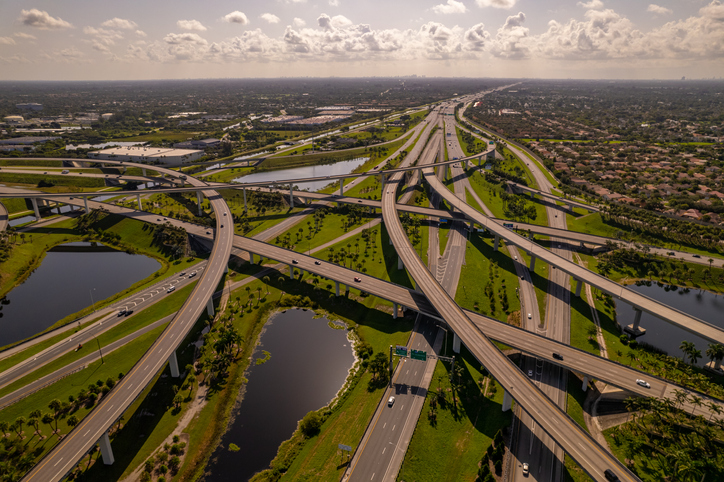 Aerial view of Florida highways at sunrise