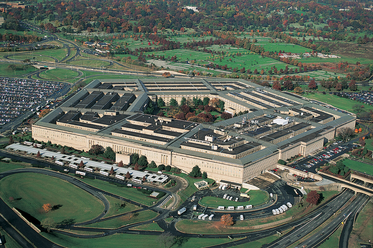 Aerial photograph of the Pentagon in Arlington, Virginia, showing the five-sided U.S. Department of Defense headquarters and surrounding highways.