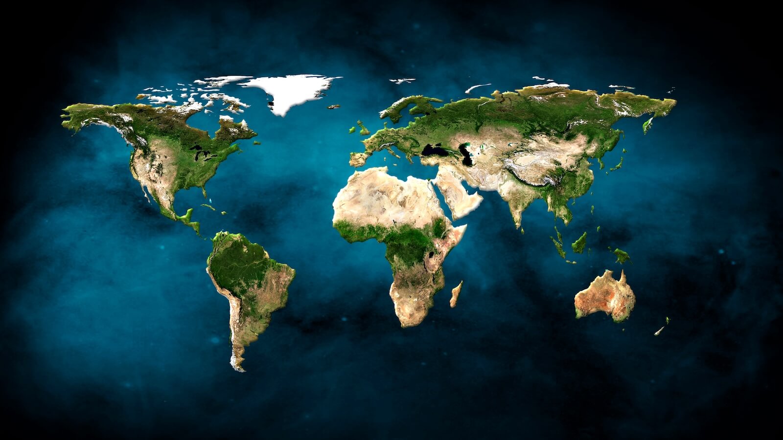 A topographic map of Earth showing continents, oceans, and varying terrain features.