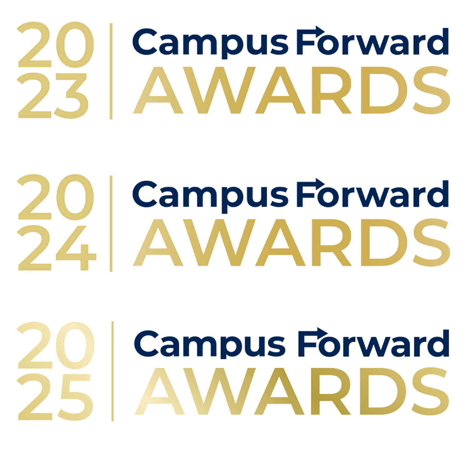 Set of Campus Forward Awards Logos Showing the Years 2023, 2024, and 2025